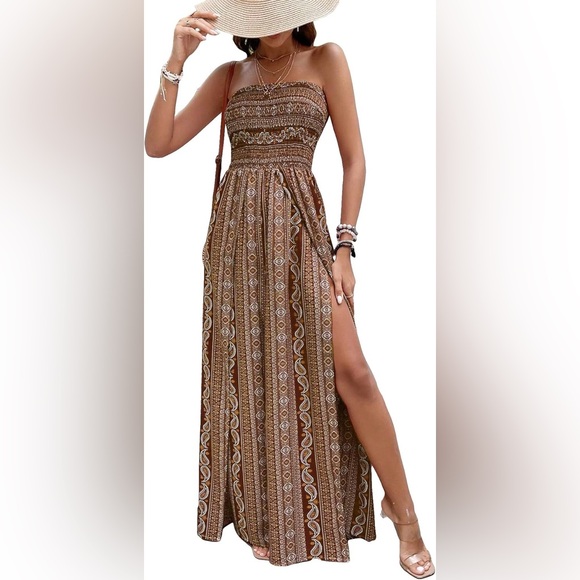 SHEIN Dresses & Skirts - SHEIN Brown Printed Tube Top Jumper with High Side Slit on Both Sides